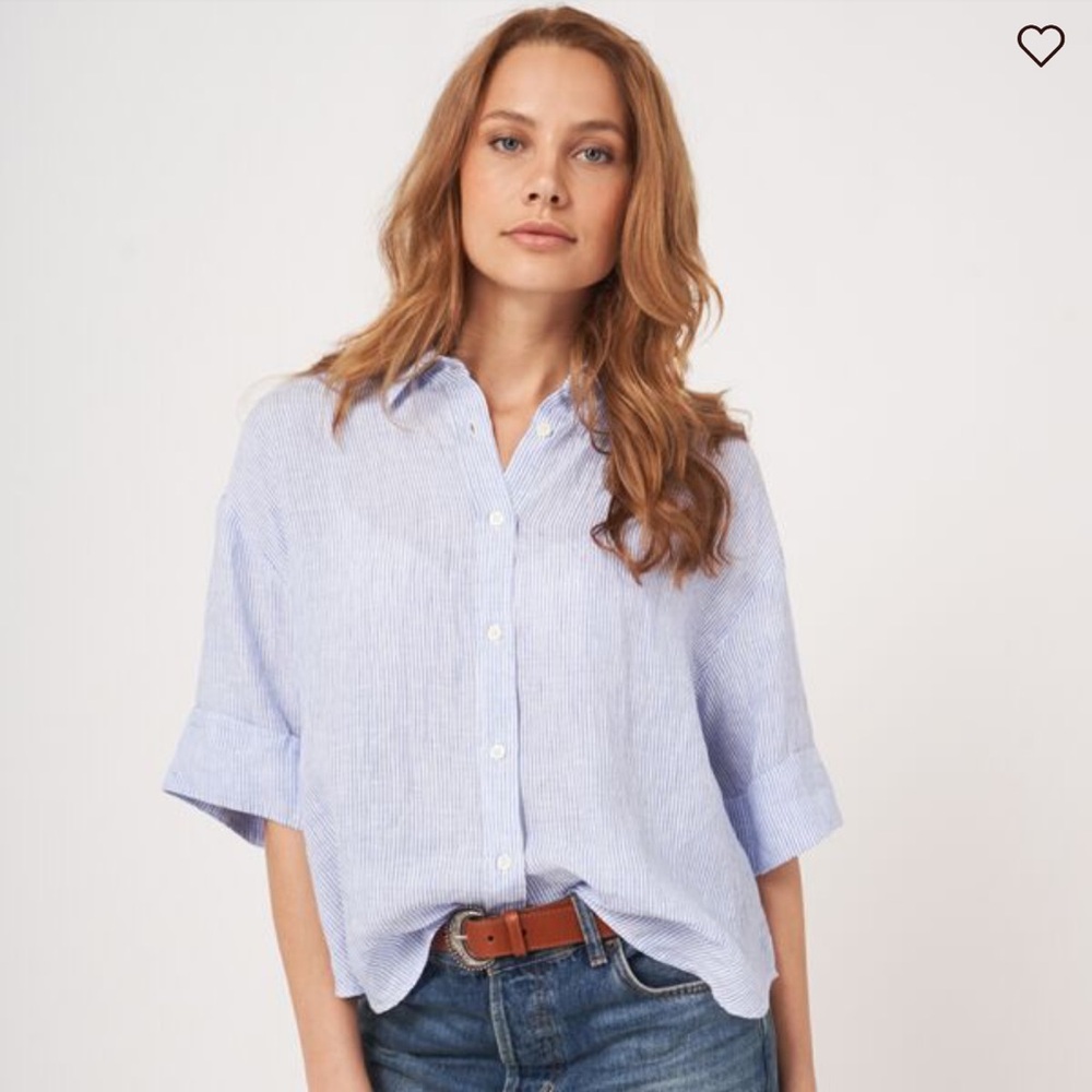 Repeat Blue Striped Linen Oversized Button Down Shirt 38 S